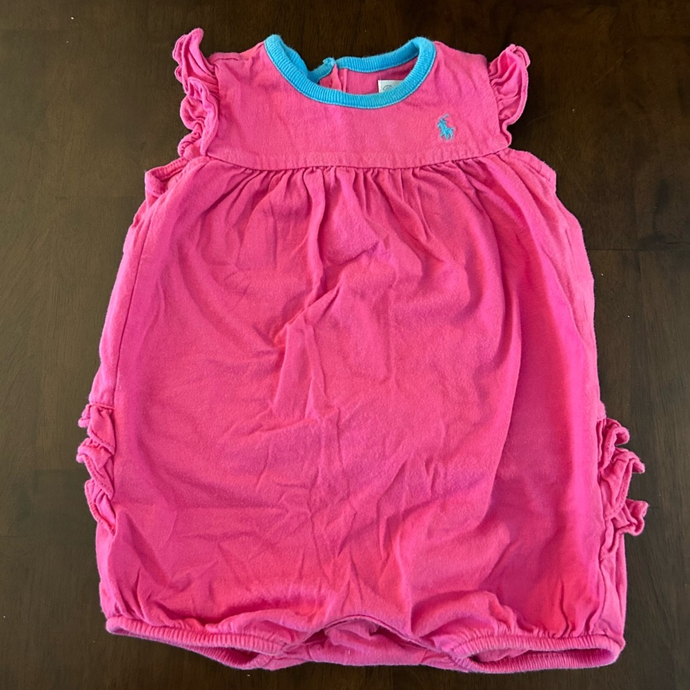 Vintage Ralph Lauren Pink Polo Ruffle Romper with Blue Trim and Logo, 6 months
